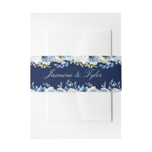 Navy Blue Floral Elegant Monogram Winter Wedding Invitation Belly Band