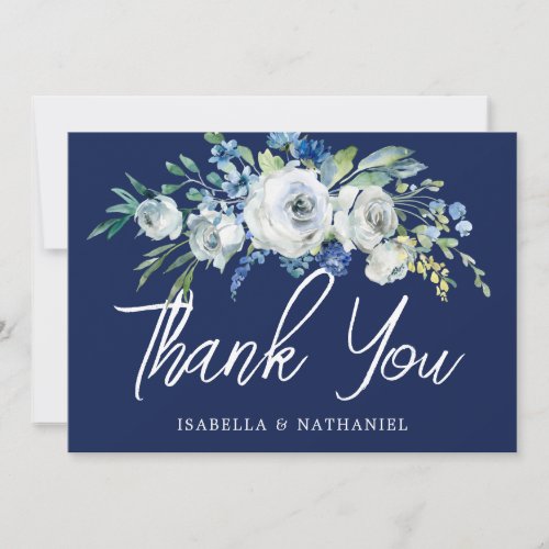 Navy Blue Floral Elegant Monogram Winter Wedding Thank You Card