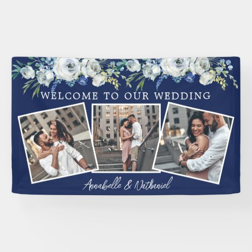 Navy Blue Floral Elegant Photo Collage Wedding Banner