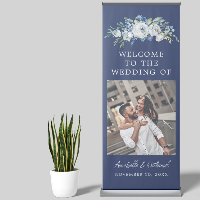 Navy Blue Floral Elegant Photo Wedding Welcome Retractable Banner (Creator Uploaded)