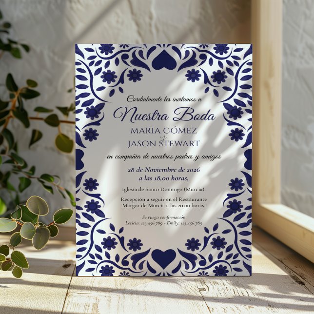 Navy Blue Floral Elegant Romantic Spanish Wedding Invitation (Navy Blue Floral Elegant Romantic Spanish Wedding Invitation)