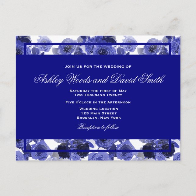 Navy Blue Floral Elegant Script Wedding Postcard (Front)