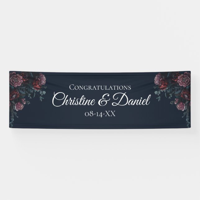 Navy Blue Floral Elegant Wedding Banner (Horizontal)