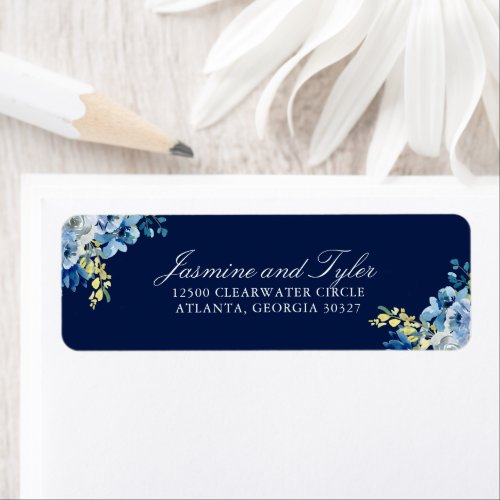 Navy Blue Floral Elegant Wedding Return Address Label