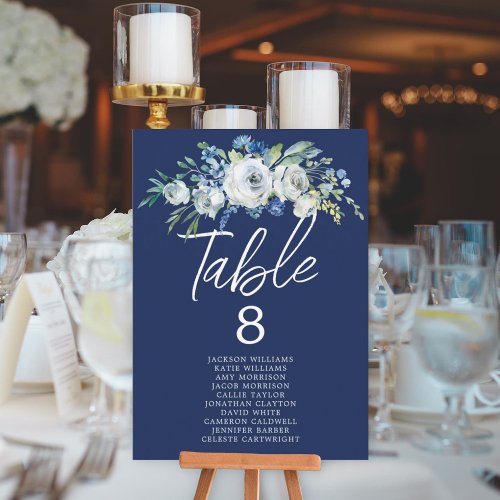 Navy Blue Floral Elegant Wedding Table Number Card