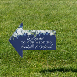Navy Blue Floral Elegant Wedding Welcome Arrow Sign
