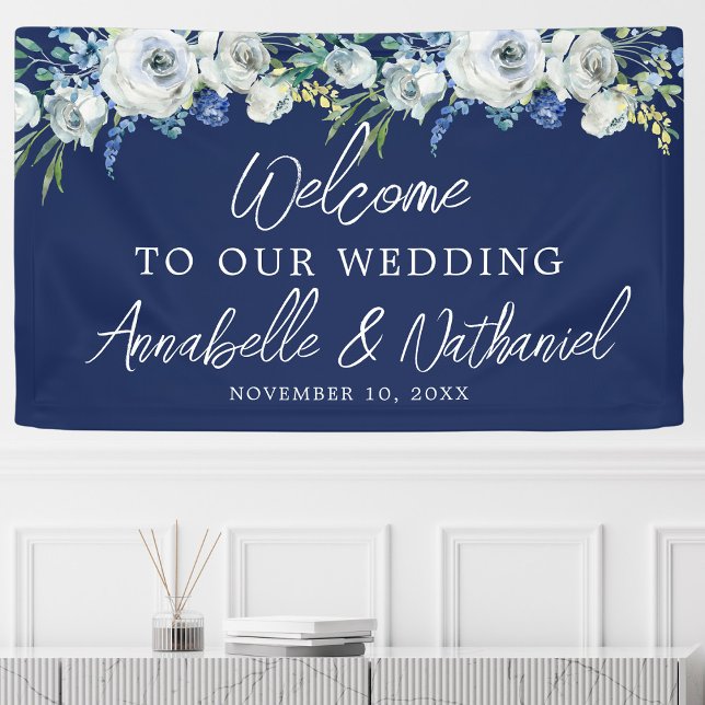 Navy Blue Floral Elegant Welcome to Our Wedding Banner (Creator Uploaded)