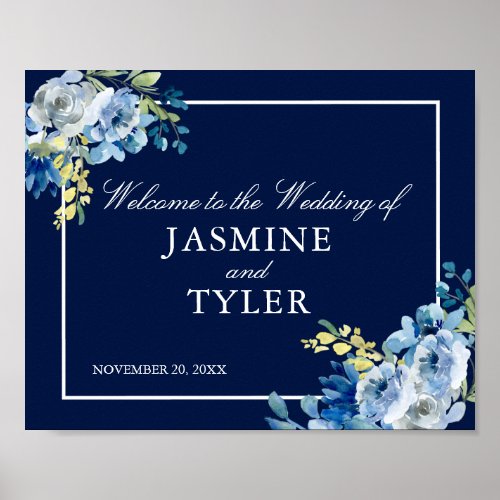Navy Blue Floral Elegant Welcome to our Wedding Poster