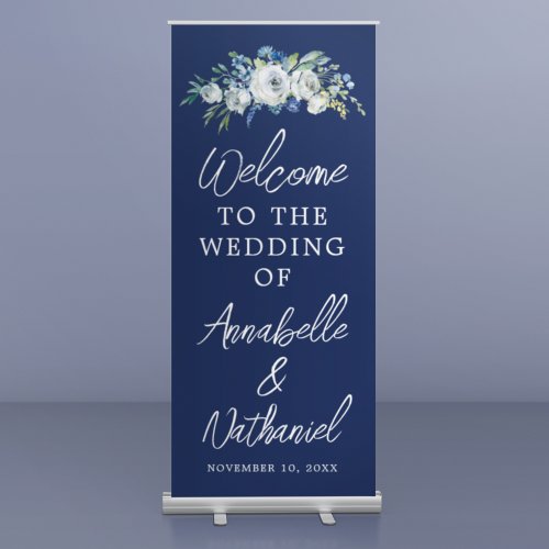 Navy Blue Floral Elegant Welcome to Our Wedding Retractable Banner