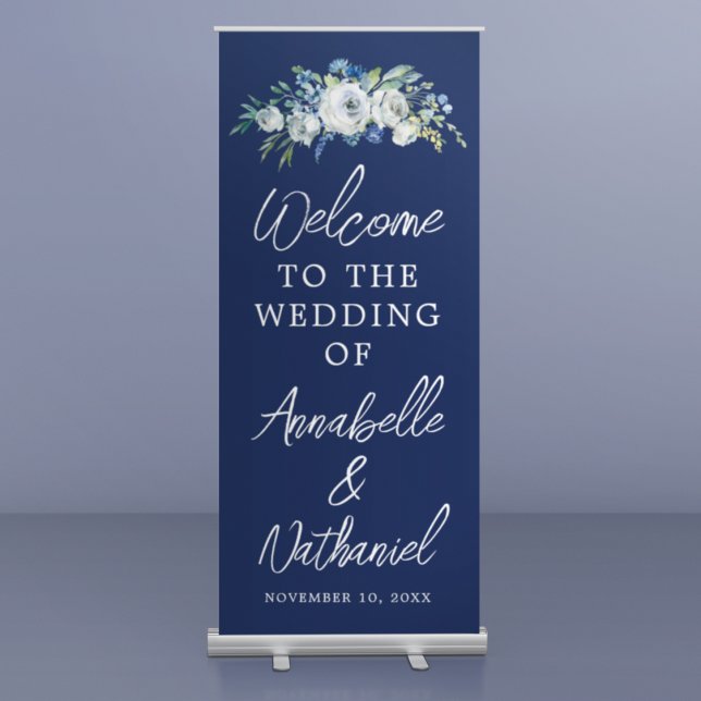 Navy Blue Floral Elegant Welcome to Our Wedding Retractable Banner (Creator Uploaded)