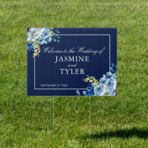 Navy Blue Floral Elegant Welcome Wedding Yard Sign