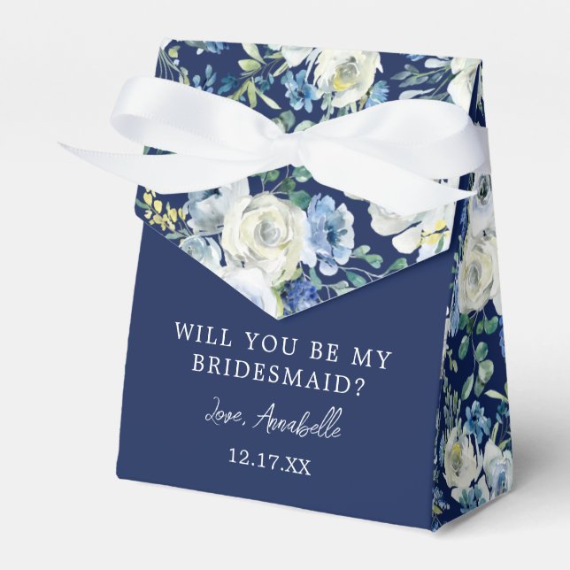 Navy Blue Floral Elegant Will You Be My Bridesmaid Favor Boxes (Front Side)