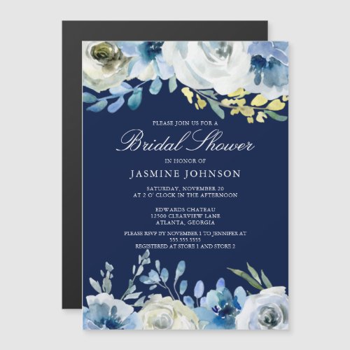 Navy Blue Floral Elegant Winter Bridal Shower Magnetic Invitation
