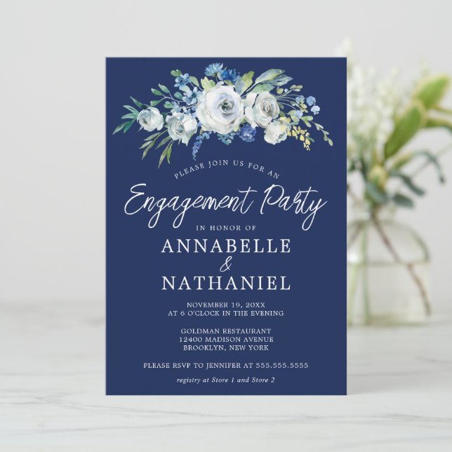 Navy Blue Floral Elegant Winter Engagement Party Invitation (Standing Front)