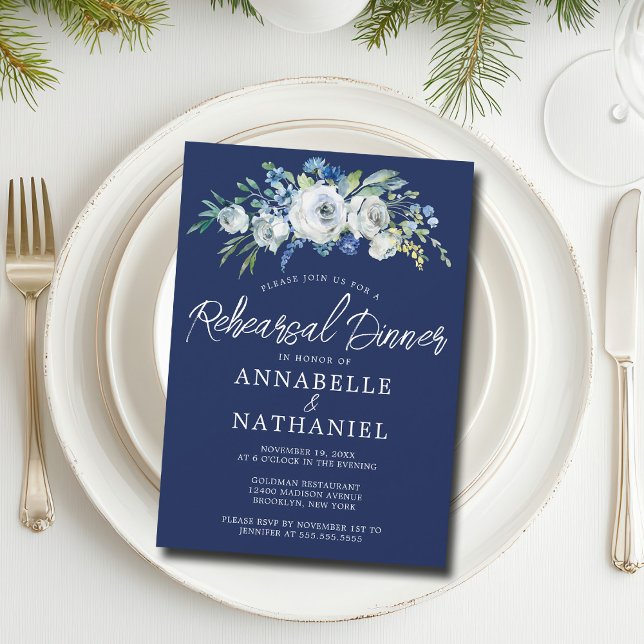 Navy Blue Floral Elegant Winter Rehearsal Dinner Invitation (Creator Uploaded)