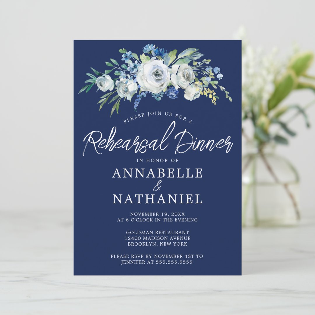 Navy Blue Floral Elegant Winter Rehearsal Dinner Invitation Zazzle