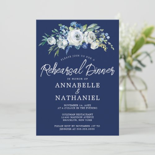 Navy Blue Floral Elegant Winter Rehearsal Dinner Invitation