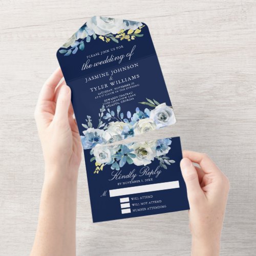 Navy Blue Floral Elegant Winter Wedding All In One Invitation