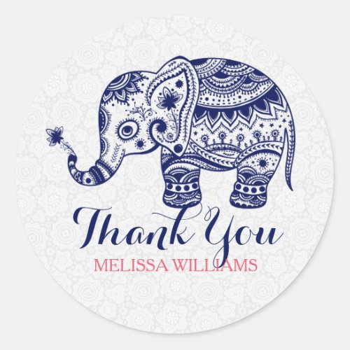 Navy Blue Floral Elephant Thank You Classic Round Sticker