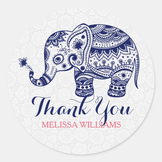 Navy Blue Floral Elephant Thank You Classic Round Sticker (Front)