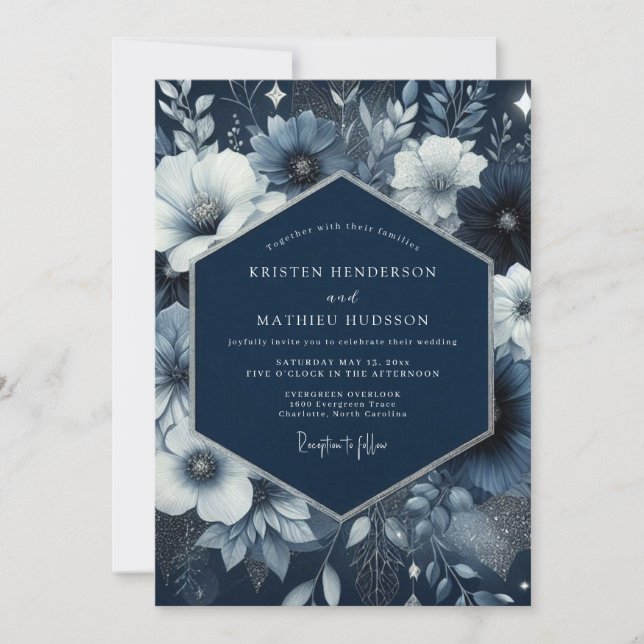 Navy Blue Floral Enchantment Wedding Invitation (Front)