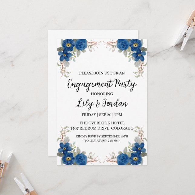 navy blue floral engagement party invitations (Front/Back In Situ)