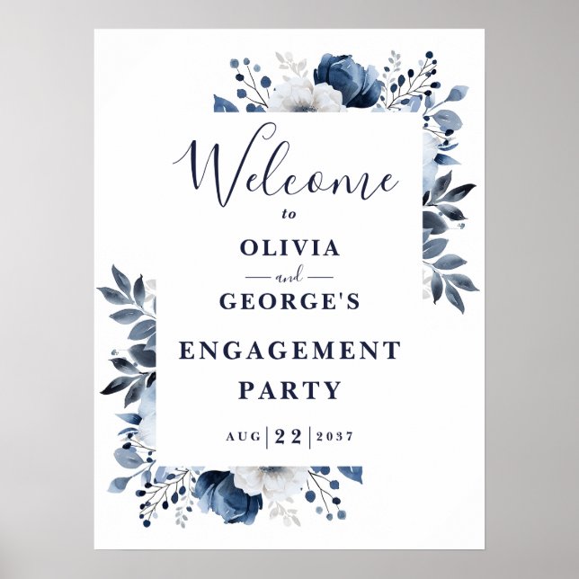 Navy Blue Floral Engagement Party Welcome Sign (Front)