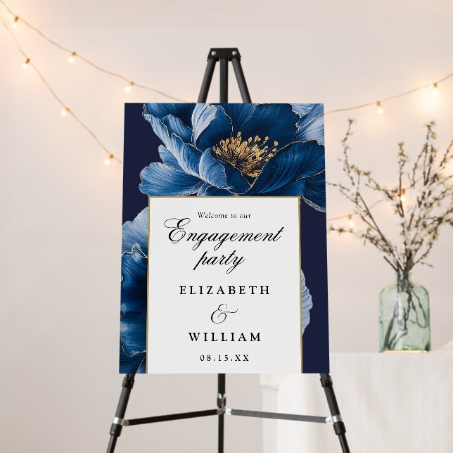 Navy Blue Floral Engagement Party Welcome Sign (In Situ (Stand))