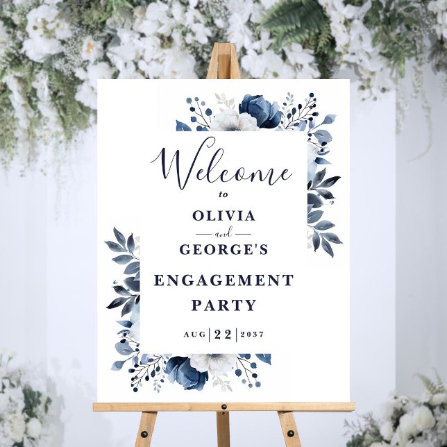Navy Blue Floral Engagement Party Welcome Sign (Navy Blue Floral Engagement Party Welcome Sign)