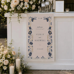 Navy Blue Floral Fabric Wedding Welcome Banner