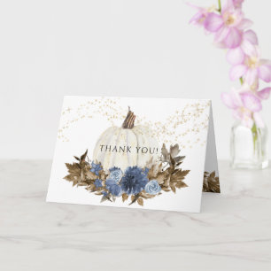 Navy Blue Floral Fall Pumpkin Gold Star Thank You Card