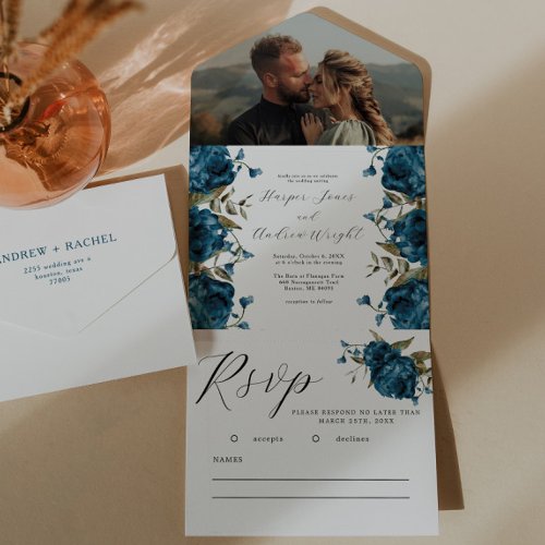 Navy Blue Floral Fall Wedding All In One Invitation