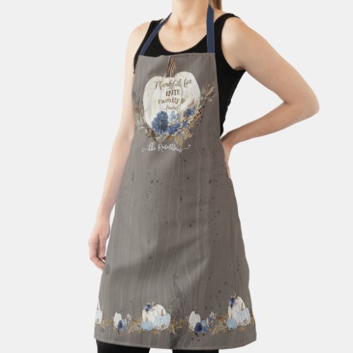 Navy Blue Floral Fall White Pumpkin Rustic Leaves Apron