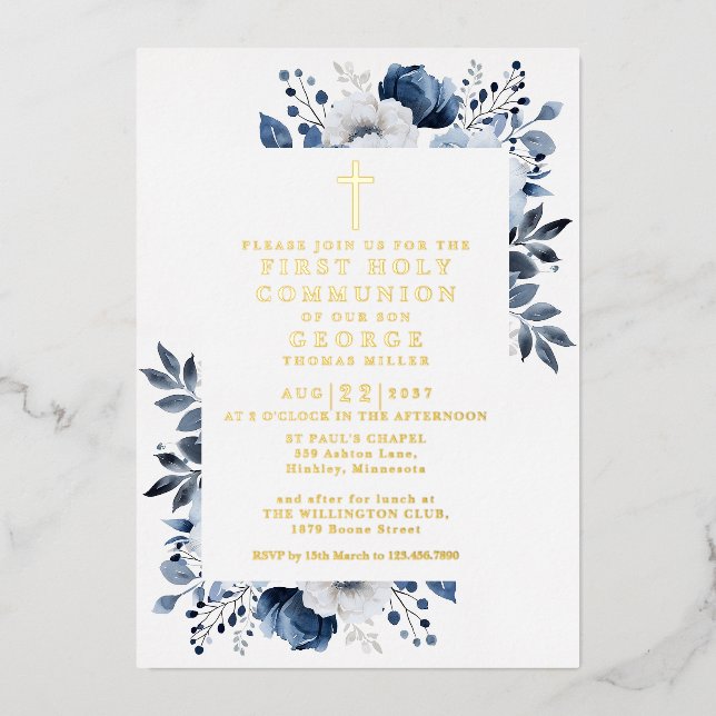 Navy Blue Floral First Holy Communion Gold Foil Invitation (Front)