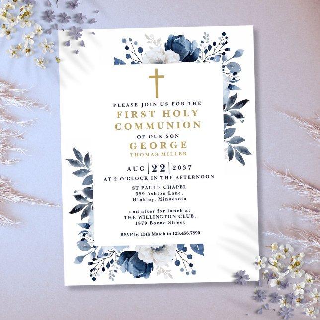 Navy Blue Floral First Holy Communion Invitation Postcard (Navy Blue Floral First Holy Communion Invitation Postcard)