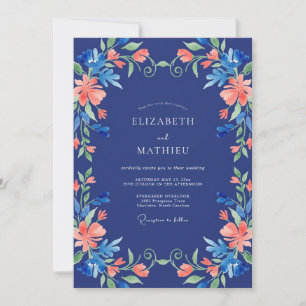 Navy Blue Floral Flourish Wedding Invitation