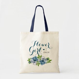 Navy Blue Floral Flower Girl Tote Bag