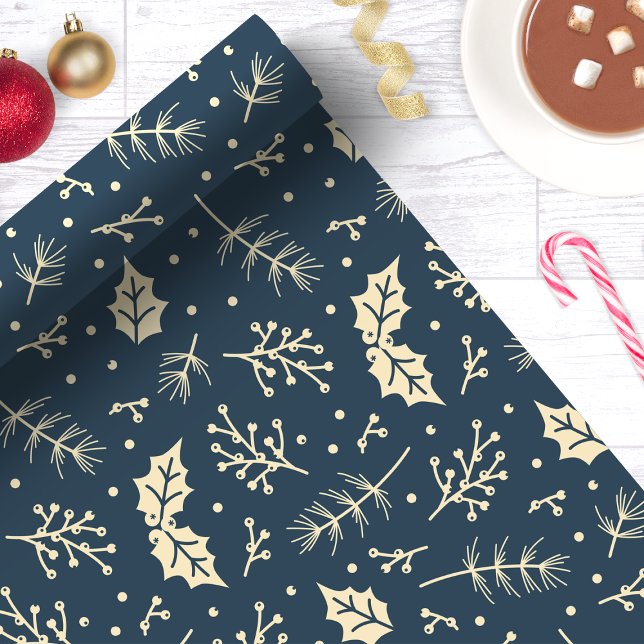 Navy Blue Floral Foliage Botanical Christmas  Wrapping Paper (Creator Uploaded)