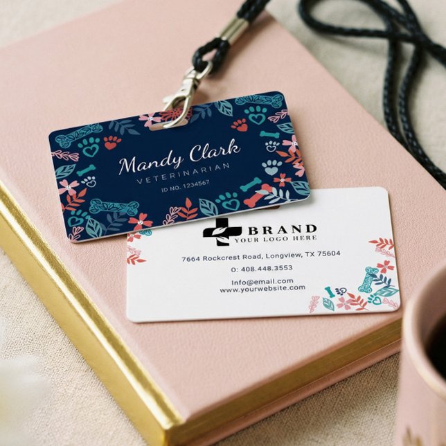 Navy Blue Floral & Foliage Pet Paw Print Pattern Badge (Navy Blue Floral & Foliage Pet Paw Print Pattern Badge)