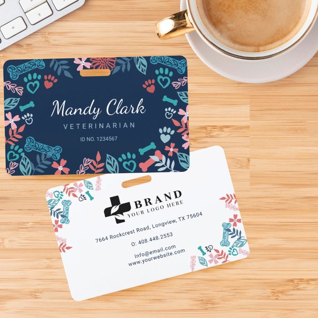 Navy Blue Floral & Foliage Pet Paw Print Pattern Badge (Creator Uploaded)