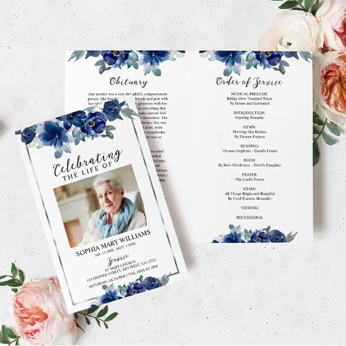 Navy Blue Floral Funeral Program Order of Service