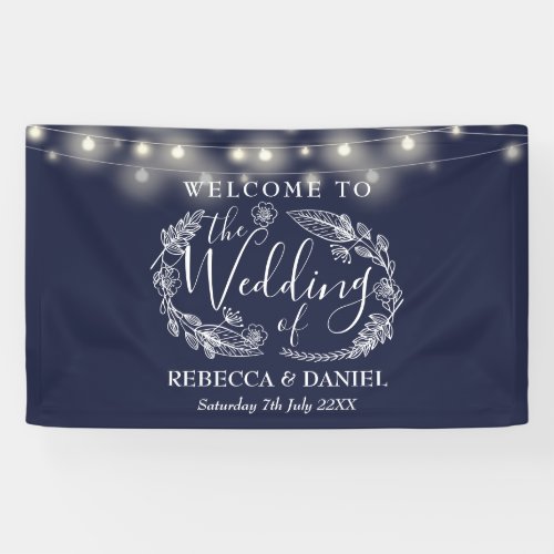 Navy Blue Floral Garland Script Wedding Banner