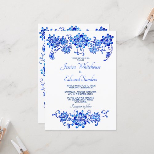 Navy Blue Floral Garland Wedding  Invitation