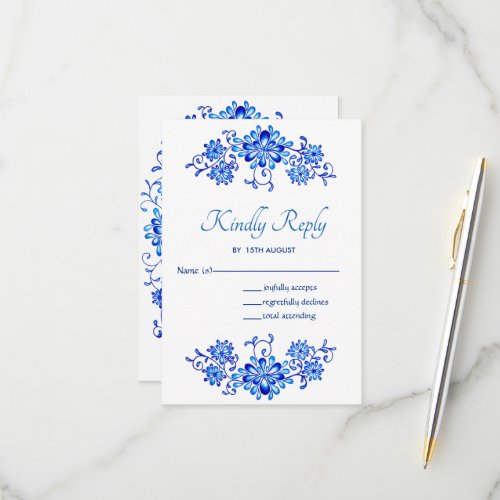 Navy Blue Floral Garland Wedding RSVP Card