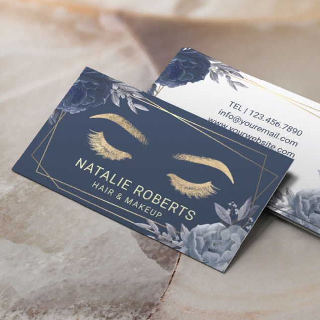 Navy Blue Floral Geometric Gold Frame Beauty Salon Business Card (Creator Uploaded)
