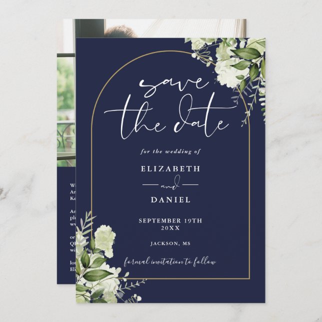 Navy Blue Floral Gold Arch Photo QR Code Wedding Save The Date (Front/Back)