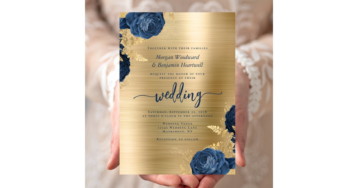 Navy Blue Floral Gold Brushed Metal Wedding Invitation | Zazzle