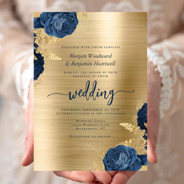 Navy Blue Floral Gold Brushed Metal Wedding Invitation | Zazzle