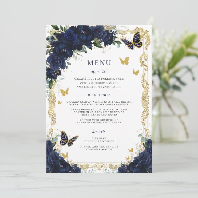 Navy Blue Floral Gold Butterflies Quinceanera  Program (Standing Front)