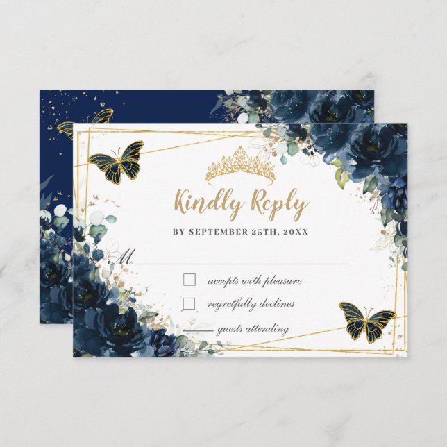 Navy Blue Floral Gold Butterfly Quinceañera Reply RSVP Card (Front/Back)